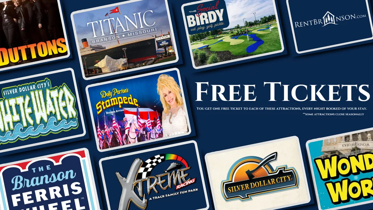 A bright, colorful interior scene featuring a large "Free Tickets" banner and a display of attraction logos, evoking excitement and anticipation for local Branson attractions like amusement parks, shows, and outdoor adventures. The playful design draws attention to entertainment options available nearby.